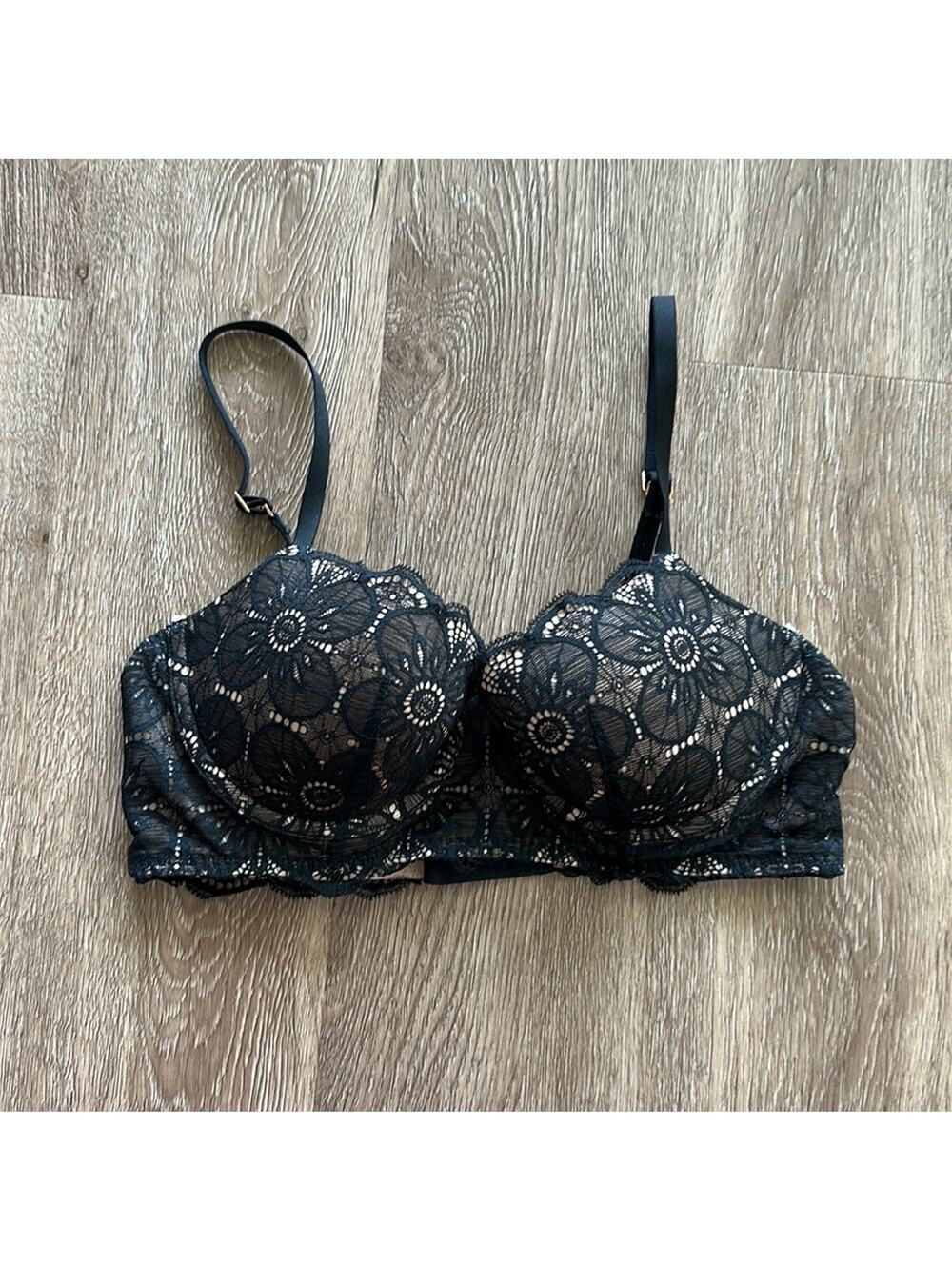 Aerie Show‎ Off Balconette Eyelash Lace Bra Black & Tan Size 34C Underwire